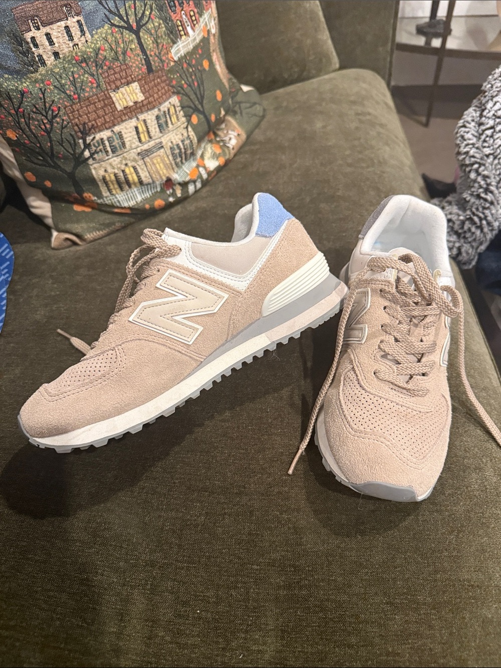 New Balance Women’s Beige Suede Sneakers with Light Blue Heel Accent